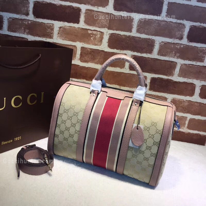 Gucci Beigebrown GG Canvas Vintage Web Boston Bag Red And Nude 247205
